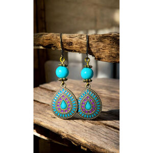 Boho Bright Light Blue Teardrop Dangle Earrings Antiqued Bronze